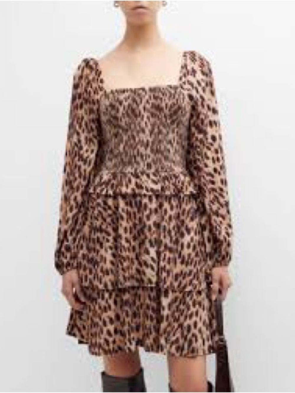 Leopard Print Smocked Mini Dress - Brown